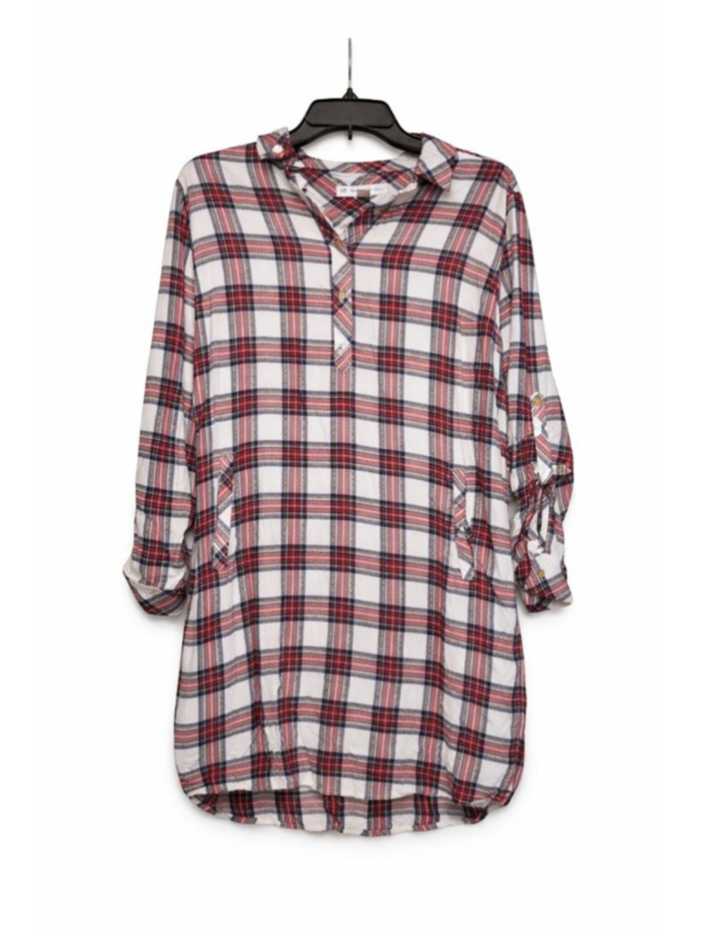 Southern Tide Plaid Tunic Top Women’s Medium Red Blue White Long Sleeve Roll Tab